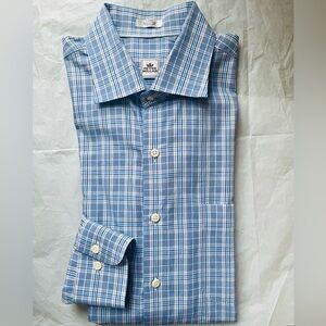 PETER MILLAR mens  L 100% cotton button down blue white plaid long sleeve shirt